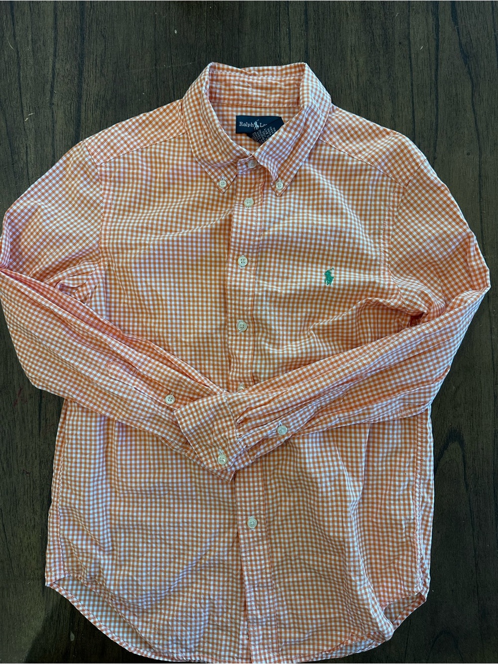 Ralph Lauren Boys M 10-12 Orange White Gingham Button Down Shirt Green Pony